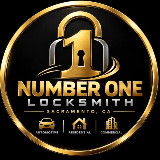 Number One Locksmith logo: a gold numeral 1 with a keyhole in front of a padlock shackle